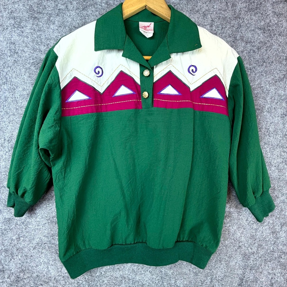 Vintage‎ GW Division of Graff Top Womens Green White Geometric Retro 70s Grandpa